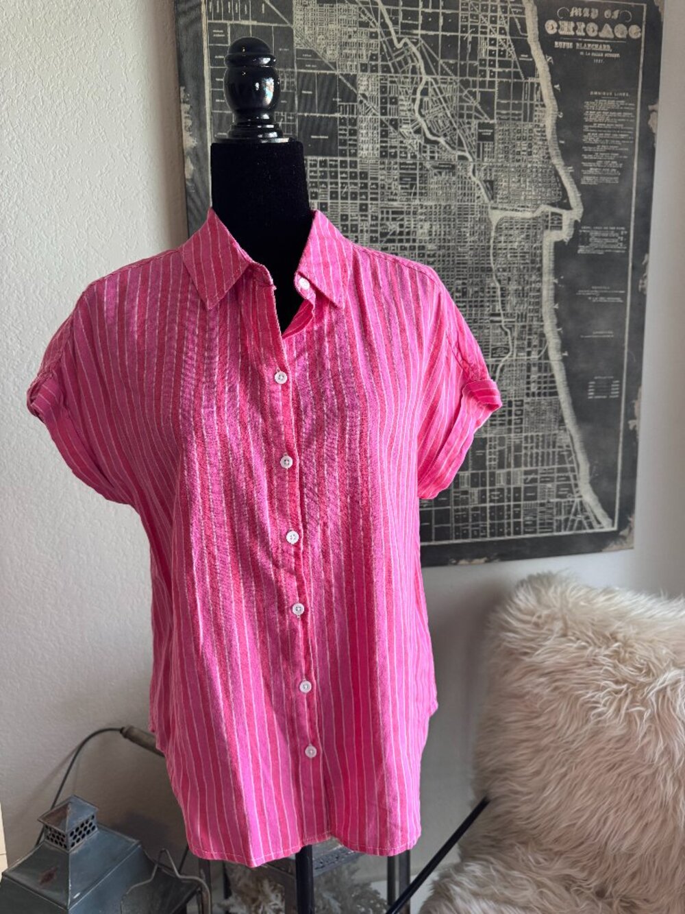Size M - Lola River Linen Blend Two-tone Pink Striped Button-up Shirt